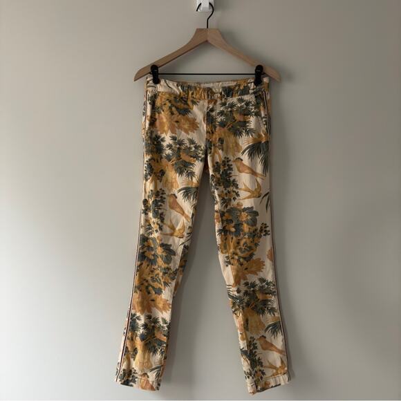 Anthropologie Chino Relaxed Pants Floral bird pattern cotton stretch zip button - Picture 2 of 11